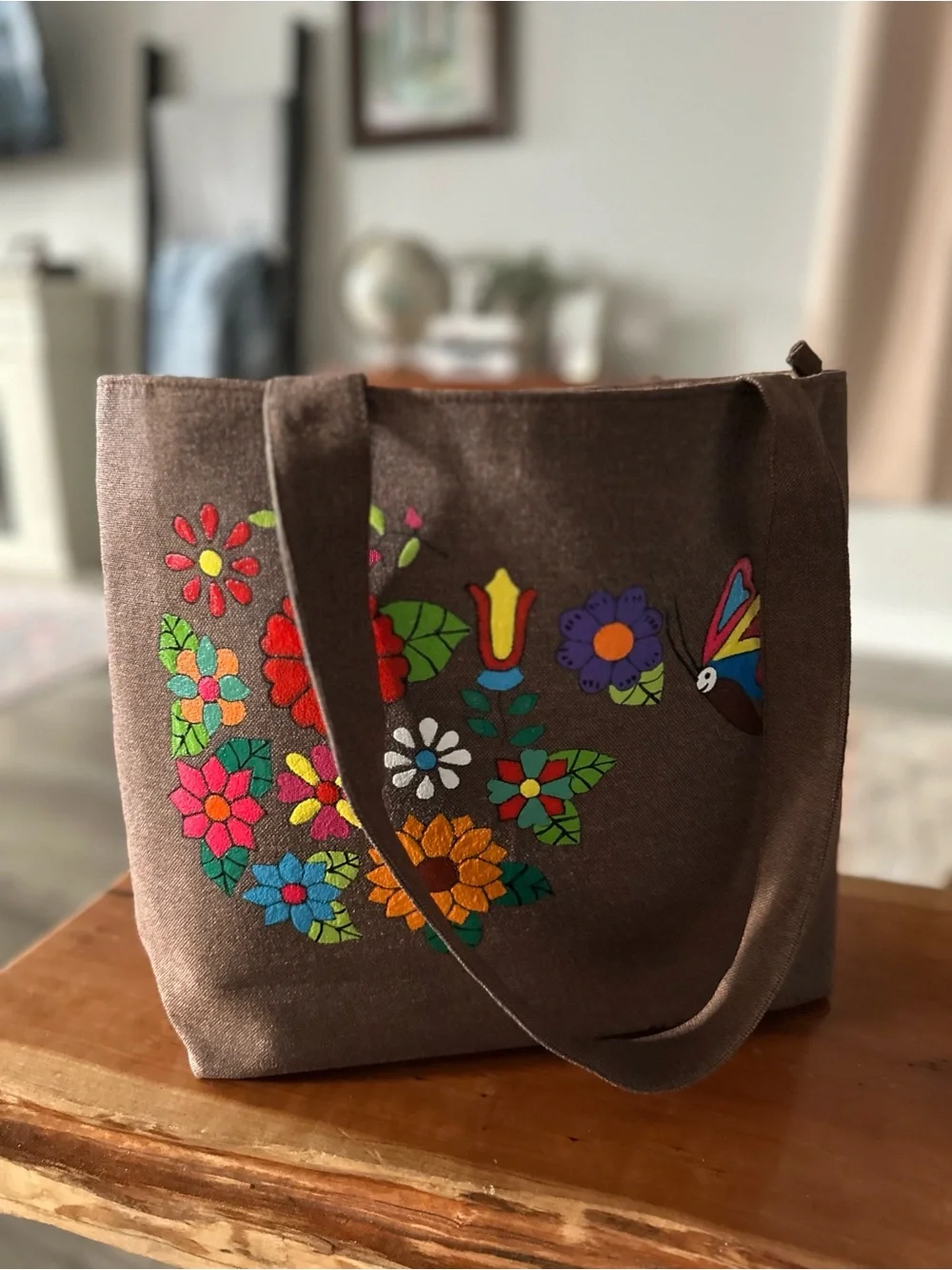 RARE Hand Painted in El Salvador Floral/ Butterfly Canvas Tote Bag